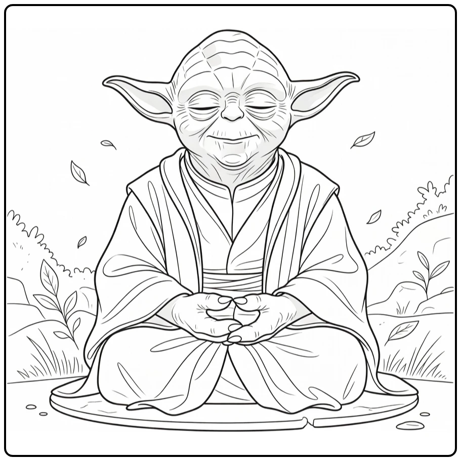 Yoda kleurplaat: meditatie op stenen platform met bladeren