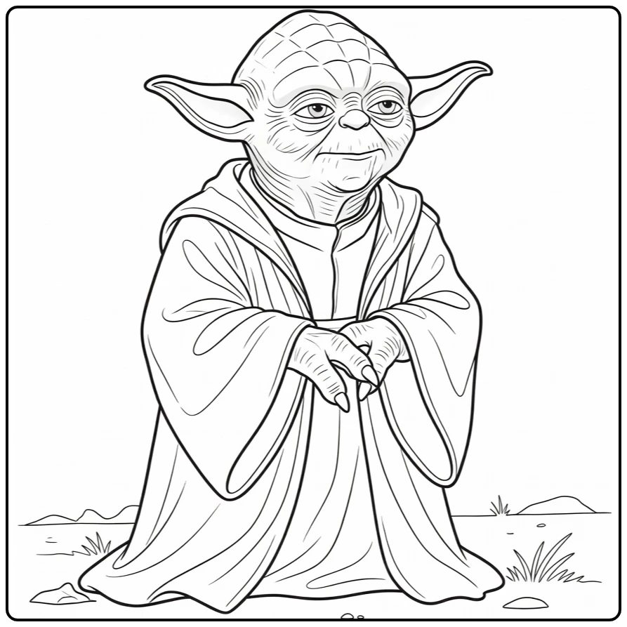 Yoda kleurplaat: heroïsch staand portret wijze Yoda zijwaarts