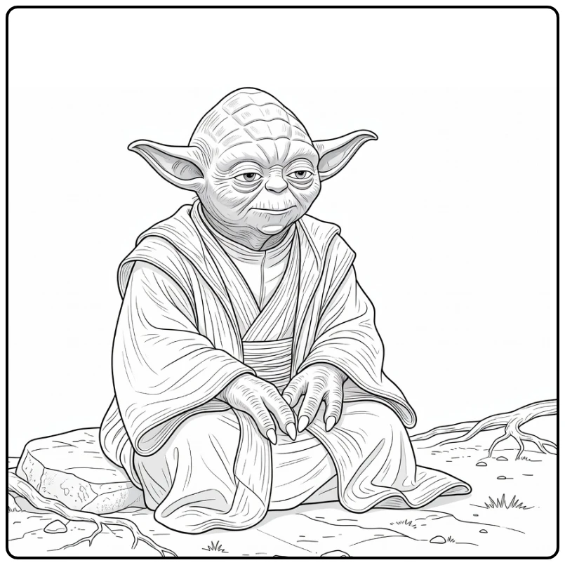 Yoda Kleurplaat: mediterende Yoda op steen met wortels
