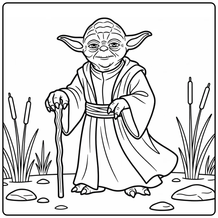 yoda kleurplaat Yoda op Dagobah moeras met stok en riet