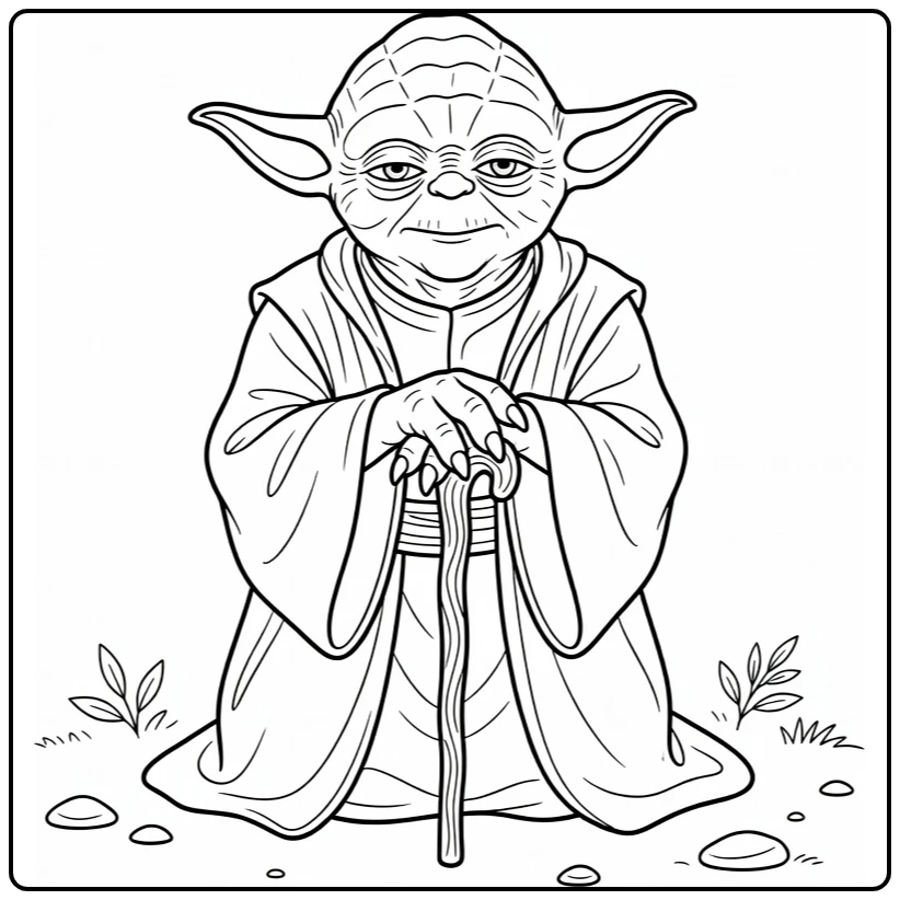 Yoda kleurplaat: knielende Yoda met stok in vredige scène