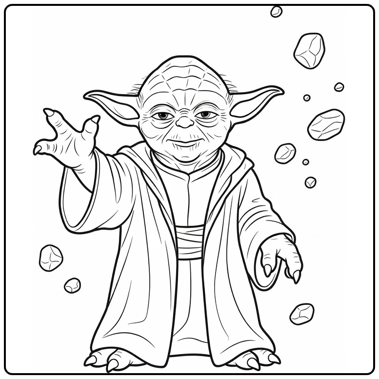 Yoda kleurplaat: Yoda heft hand met Kracht, stenen zweven