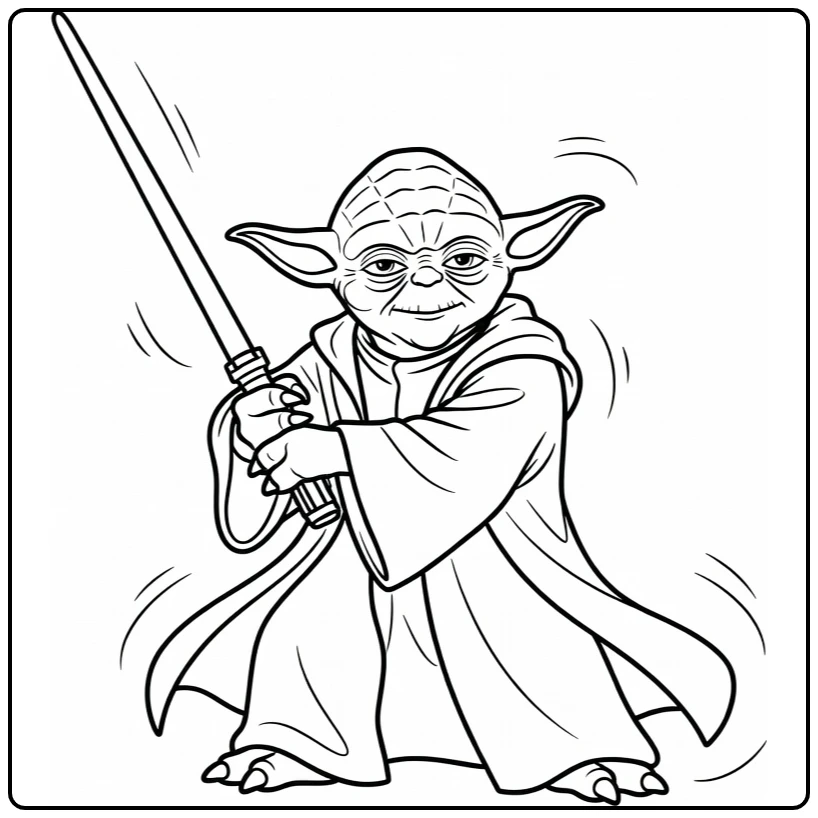 Yoda kleurplaat: lichtzwaard in verdedigende houding