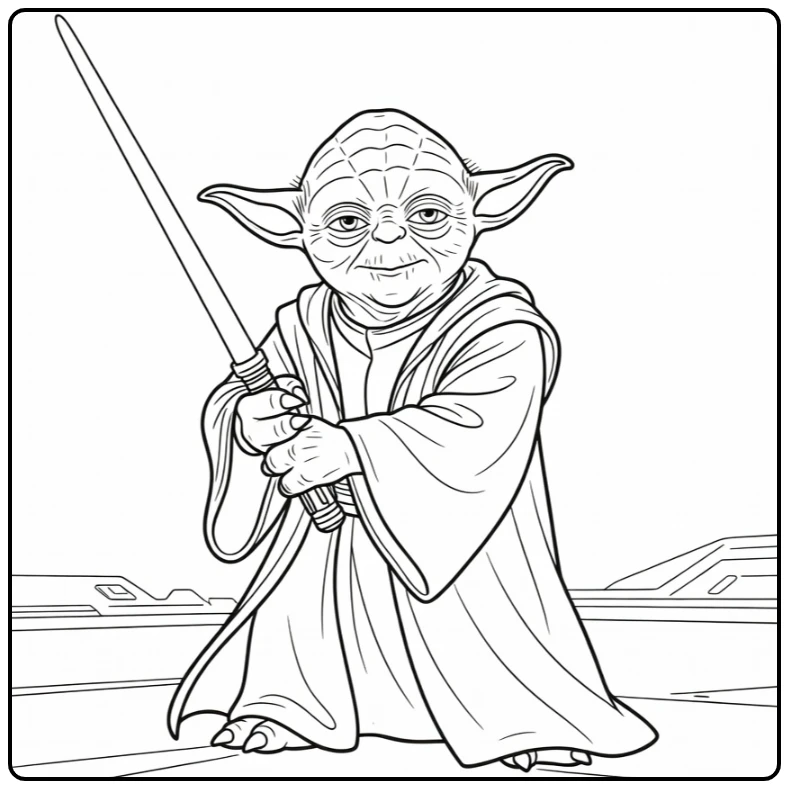 Yoda Kleurplaat: lichtzwaard in gevechtshouding met rimpels