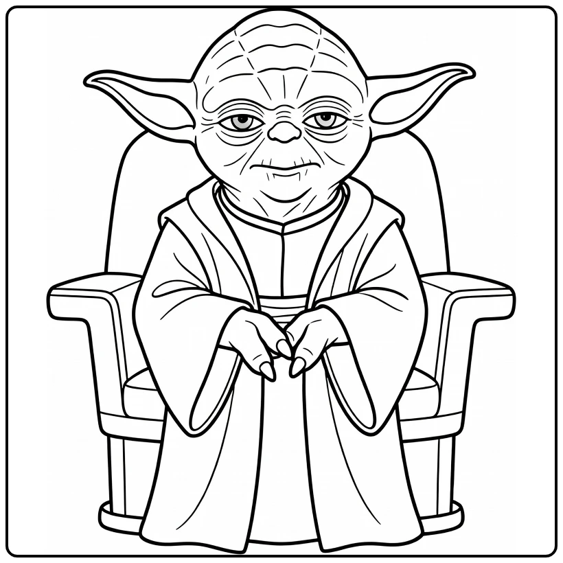 Yoda kleurplaat: nadenkende Yoda voor Jedi-raadstoel