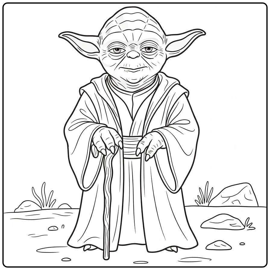 Yoda Kleurplaat: wijze Yoda met stok op moerasgrond