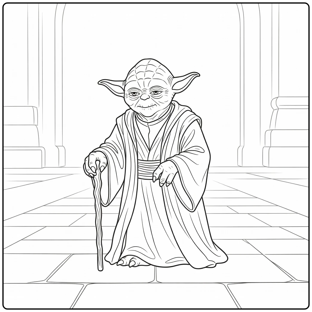 Yoda kleurplaat: Yoda loopt langzaam met stok
