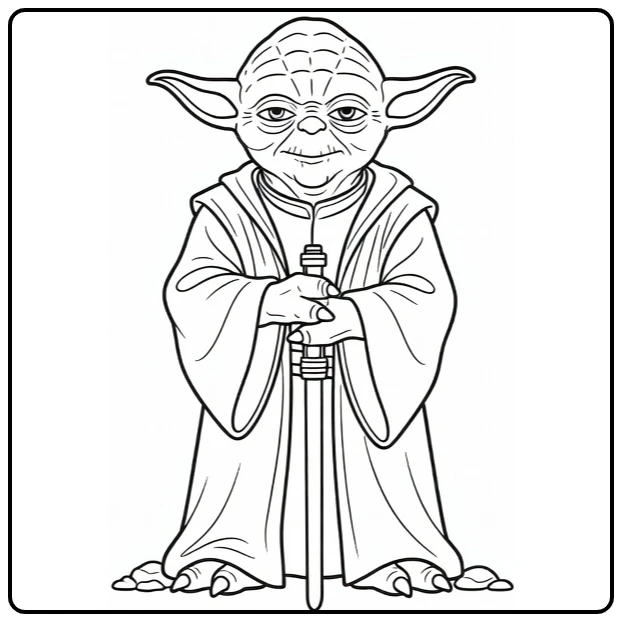 Yoda kleurplaat: Jedi-houding met lichtzwaard omlaag en stenen