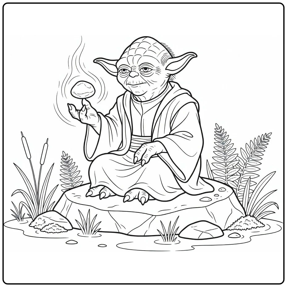 Yoda kleurplaat: Yoda tilt object met Kracht op rots