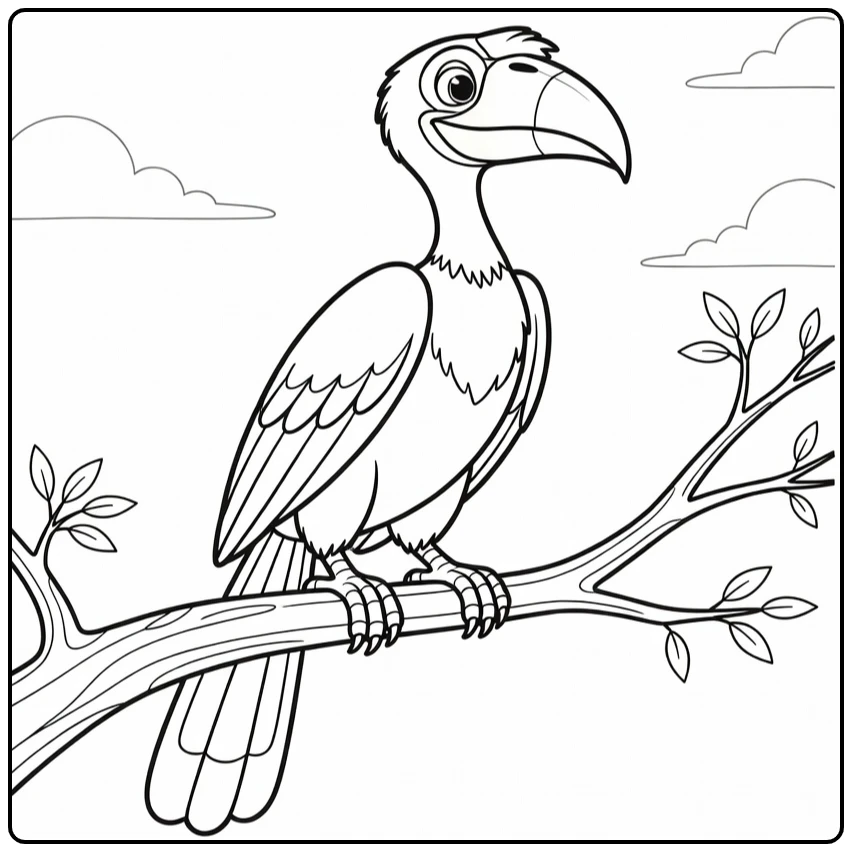 Zazu kleurplaat: Zazu op boomtak, alert, wolken en bladeren