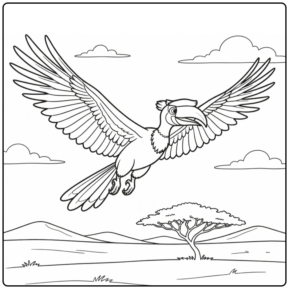 Zazu kleurplaat: Zazu vliegend boven Prideland met wijd gespreide vleugels