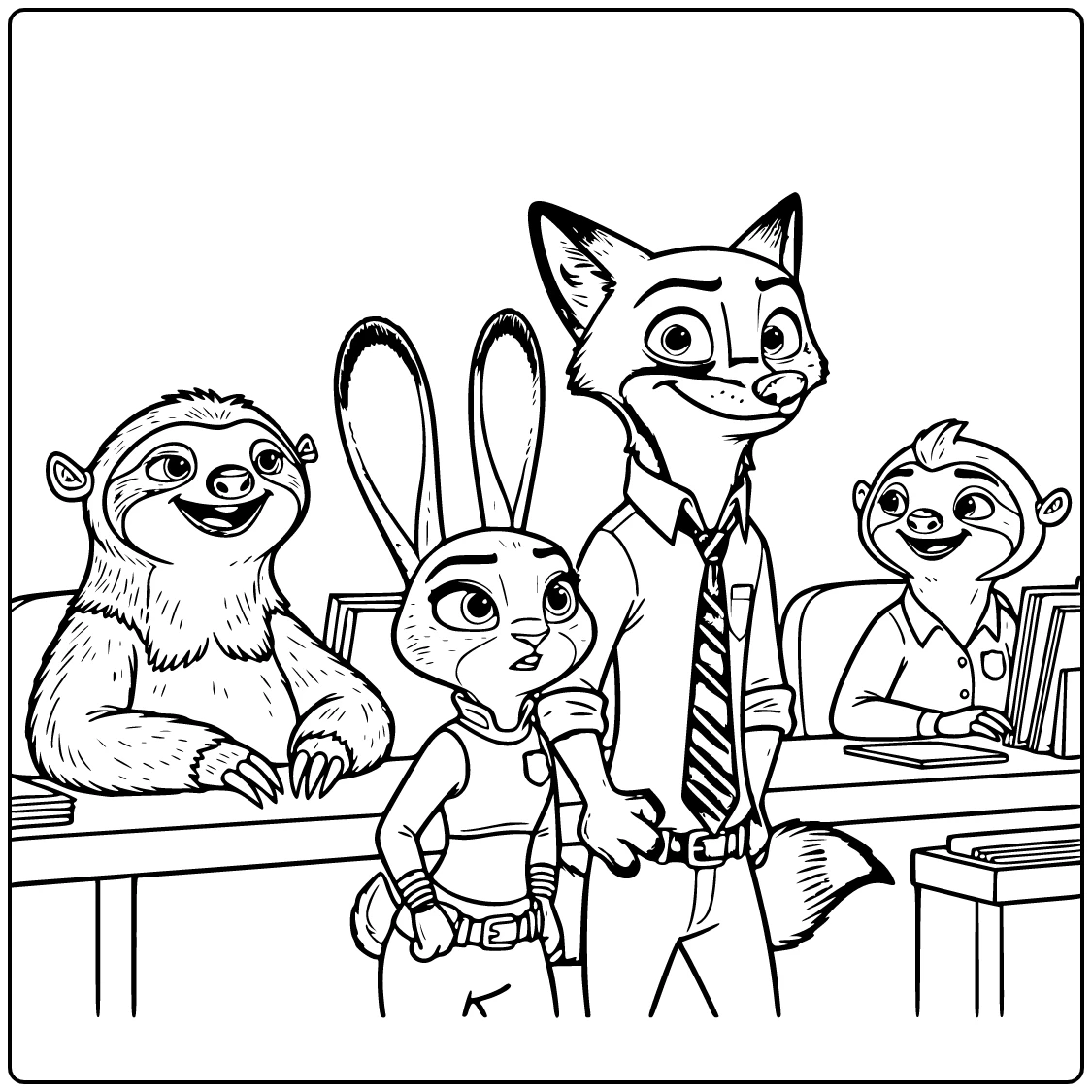 Zootropolis kleurplaat Judy Hopps Nick Wilde Flash Priscilla DMV