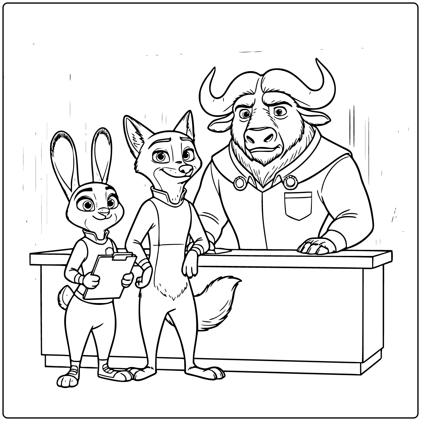 Zootropolis kleurplaat: Judy Hopps, Nick Wilde, Bogo, Clawhauser