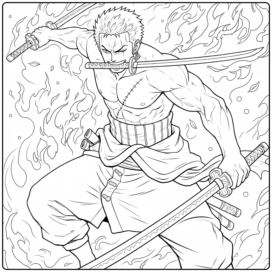 Zoro King of Hell One Piece kleurplaat met vlammen