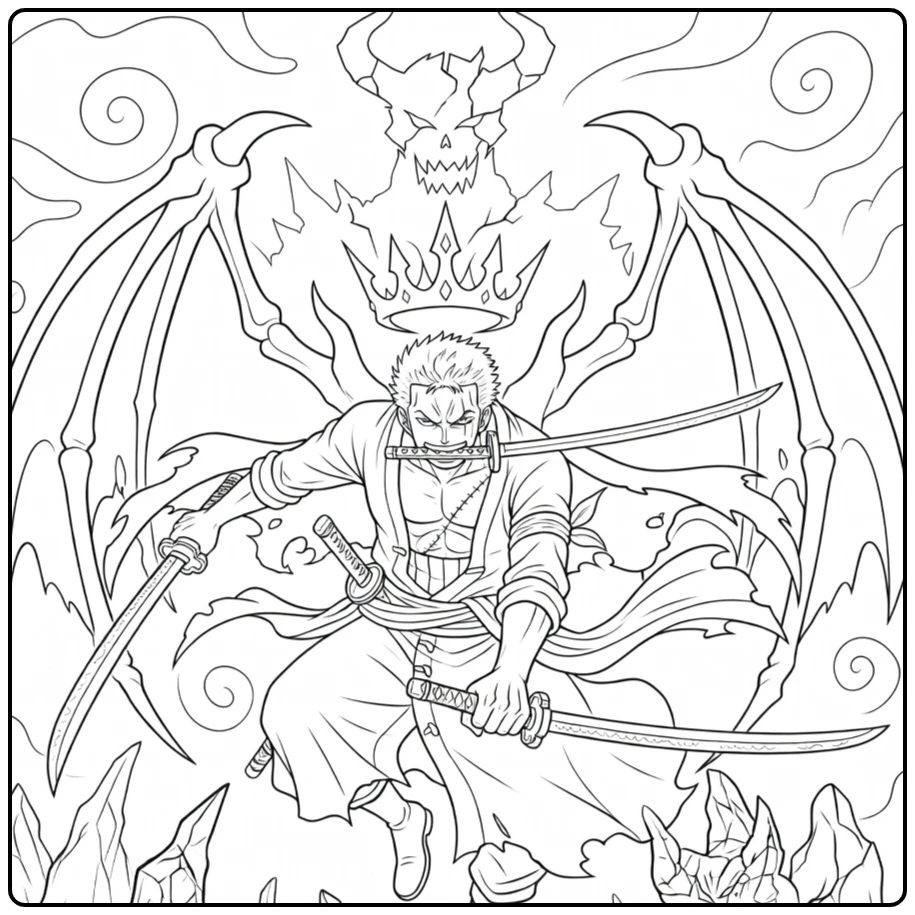 Zoro King of Hell One Piece kleurplaat met zwaarden