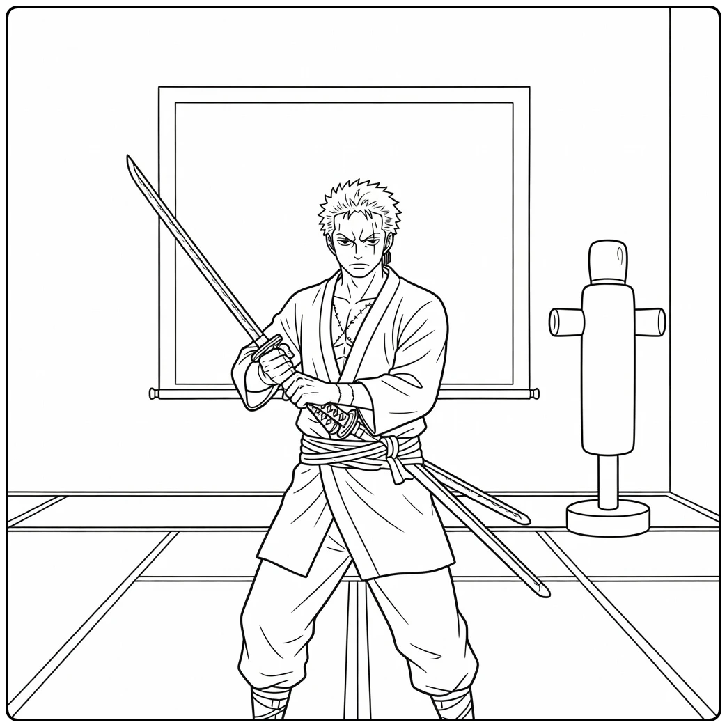 Zoro kleurplaat: vechter in dojo met zwaard