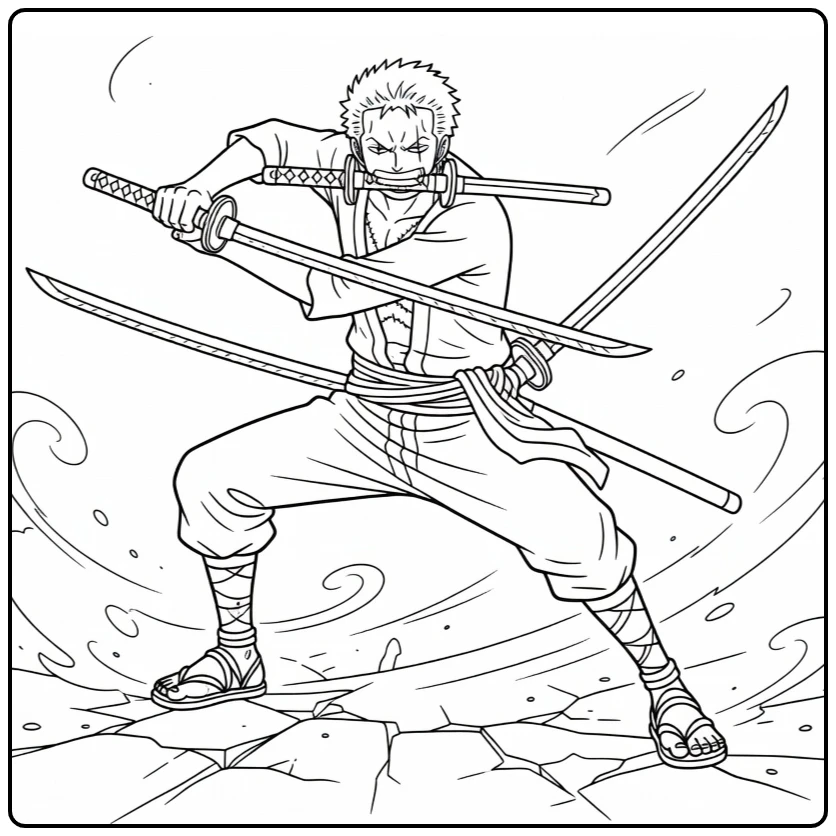Zoro kleurplaat: gehurkt met drie zwaarden en stofwolken