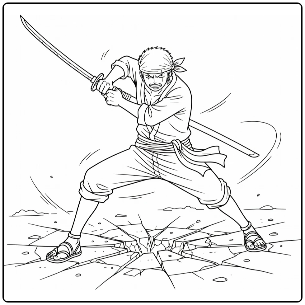 Zoro kleurplaat: Zoro in zwaardaanval, bandana, voet vooruit