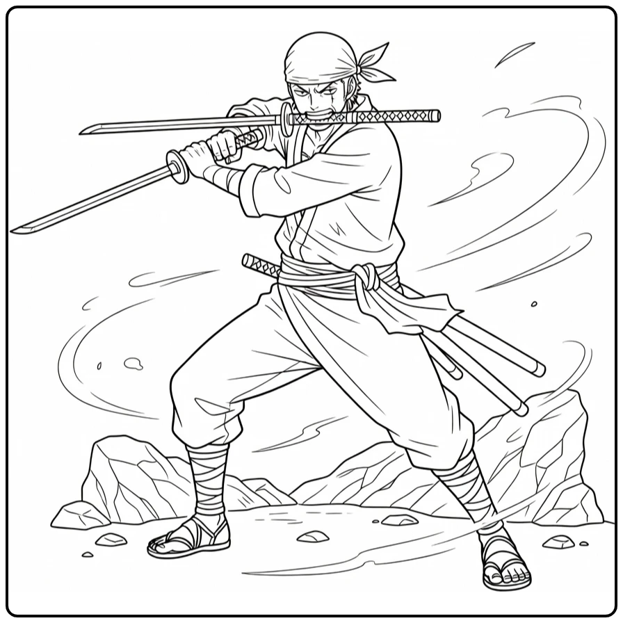 Zoro kleurplaat: Zoro in krachtige pose met drie zwaarden en bandana