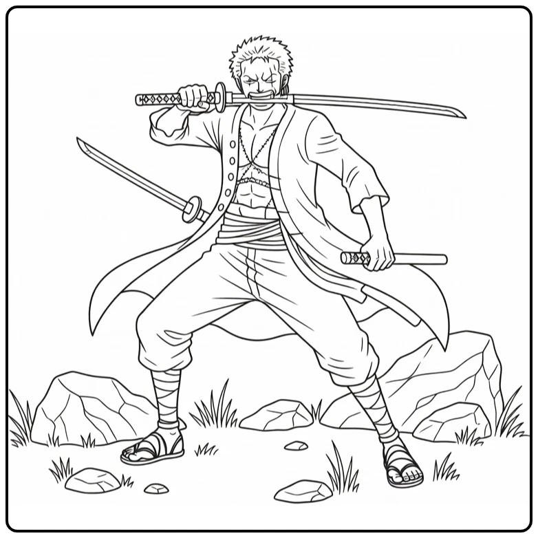 Zoro kleurplaat: Zoro in krachtige pose met drie zwaarden