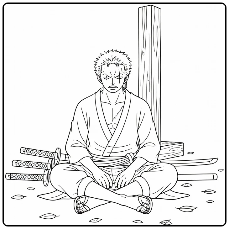 Zoro kleurplaat: Zoro zit kalm met zwaarden, serieuze blik