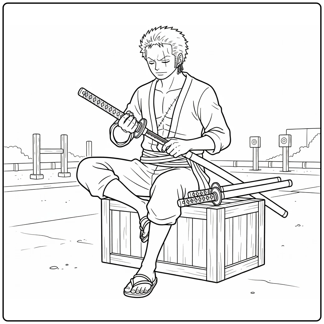Zoro kleurplaat: Zoro poetst zwaard op krat, zwaarden ernaast