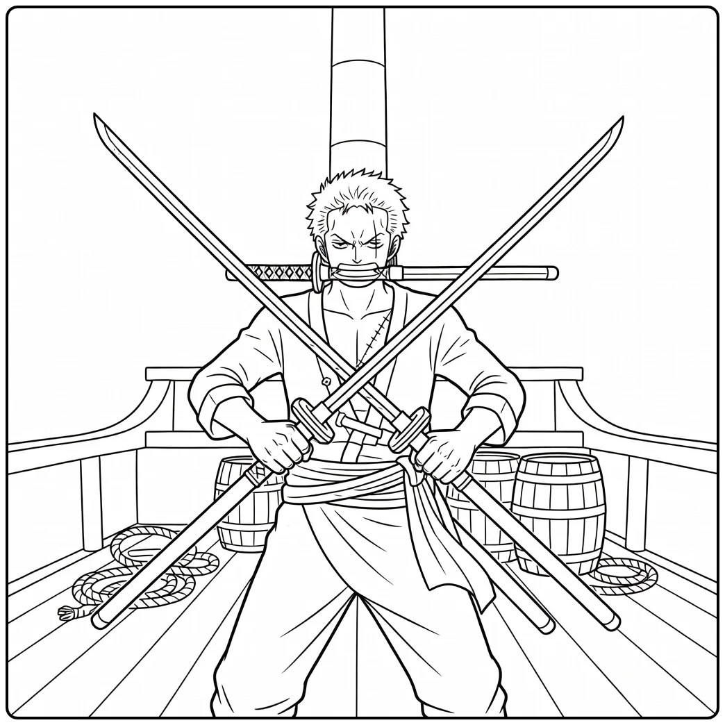 Zoro kleurplaat: zwaardvechter op schipdek met gekruiste zwaarden