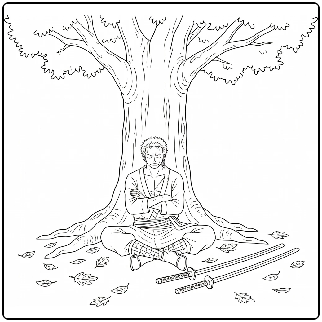 Zoro kleurplaat: Zoro rustend onder boom met zwaarden