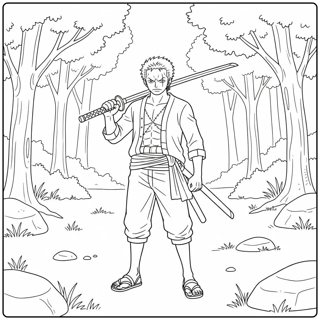 Zoro kleurplaat: Zoro in bos met zwaard over schouder