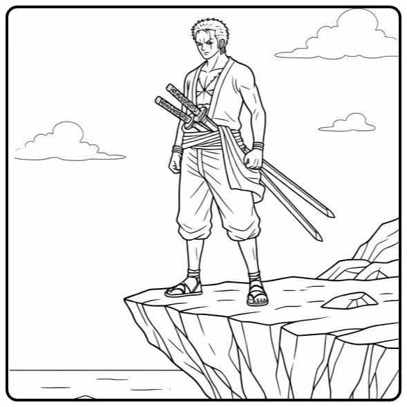 Zoro kleurplaat: Zoro op rotsklif met zwaarden aan taille (58 chars)