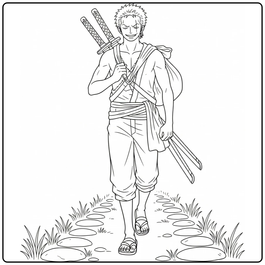 zoro kleurplaat: glimlachende Zoro met zwaarden en zak op pad