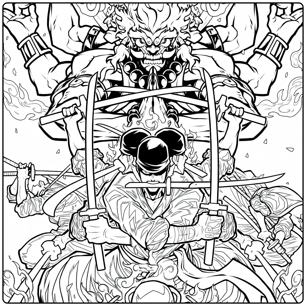 Zoro kyutoryu Asura One Piece kleurplaat met zwaarden en vlammen