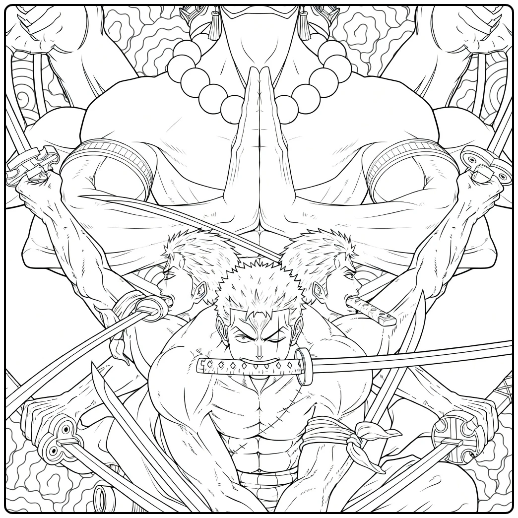 Zoro kyutoryu Asura One Piece kleurplaat met zwaarden