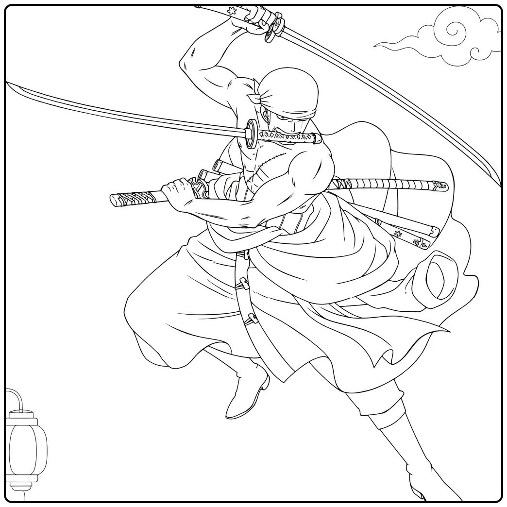 Zoro One Piece Santoryu kleurplaat: Zoro met drie zwaarden