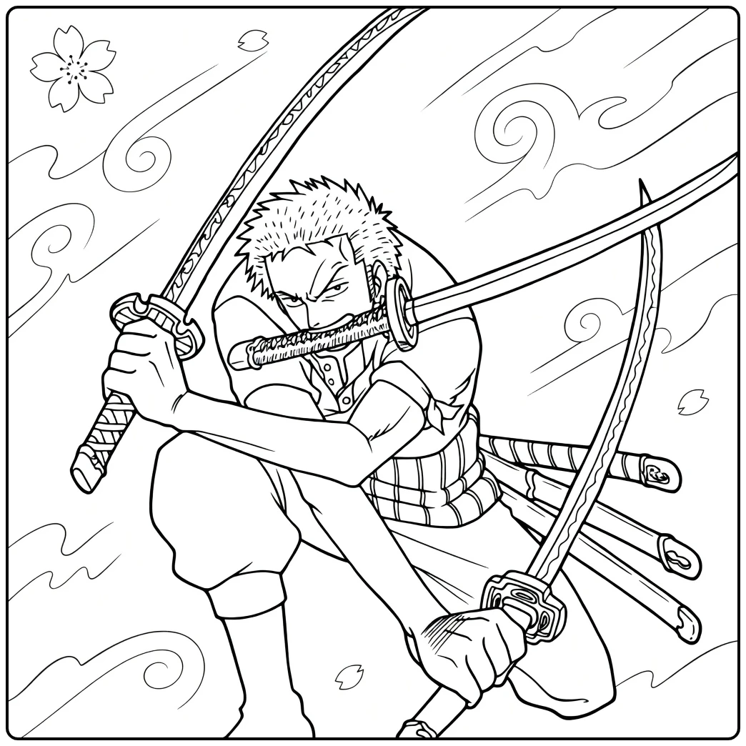 Zoro One Piece Santoryu kleurplaat met drie zwaarden