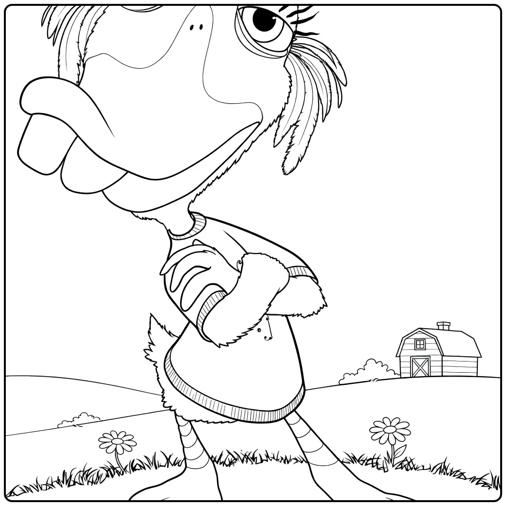 Abby Mallard Kleurplaat van eend met schuur en bloemen