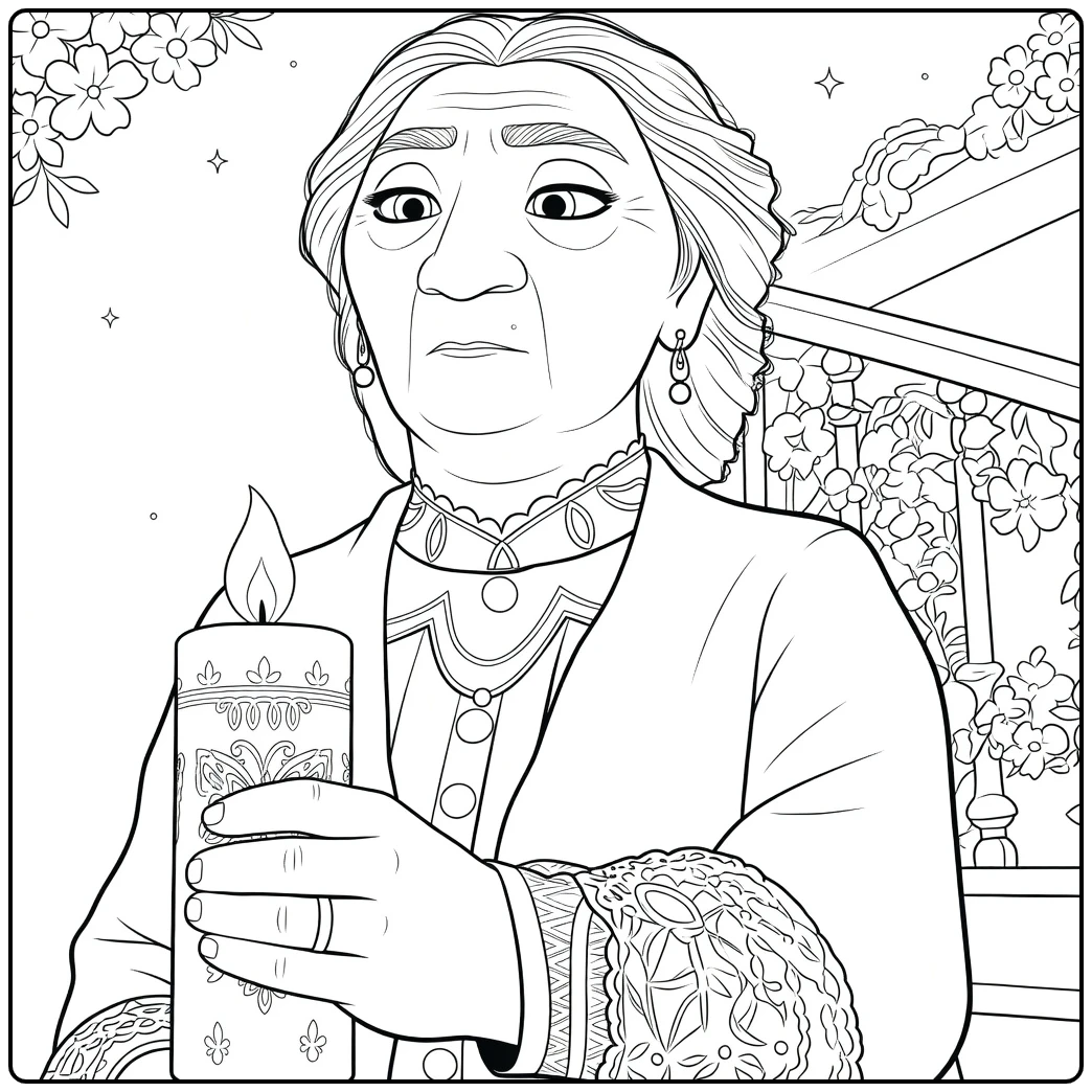 Abuela Alma Kleurplaat: oma met kaars en bloemen