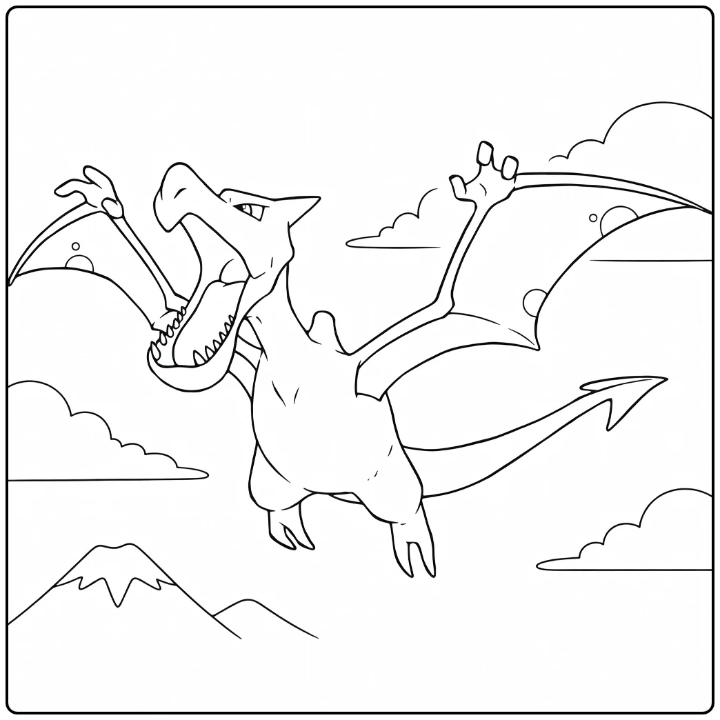 Aerodactyl Kleurplaat: vliegende Pokémon met klauwen en vleugels