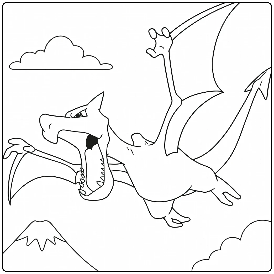 Aerodactyl kleurplaat vliegend over berg met wolken