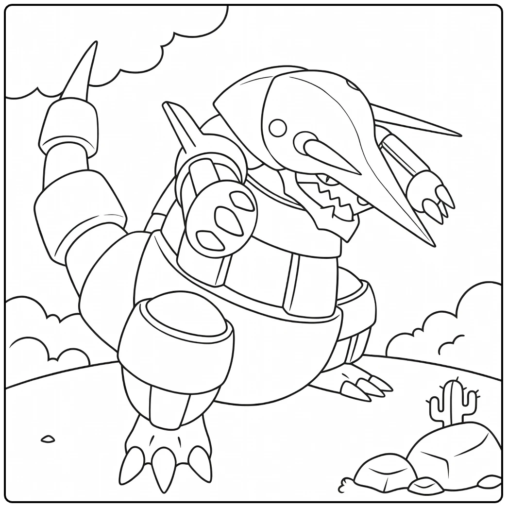 Aggron kleurplaat: stoere Pokémon in woestijn met cactus