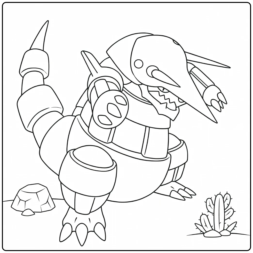 Aggron kleurplaat: gepantserde Pokémon bij cactus en rots