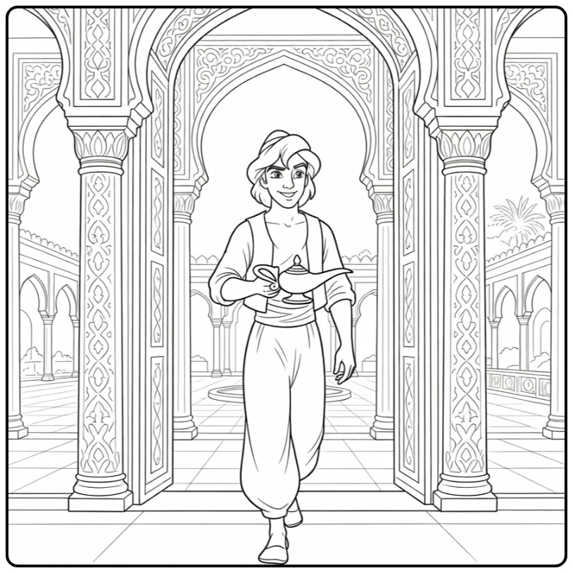Aladdin kleurplaat: Aladdin met lamp bij paleisdeuren zuilen