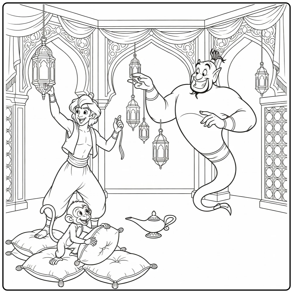 aladdin kleurplaat Aladdin Genie aap paleis lantaarns