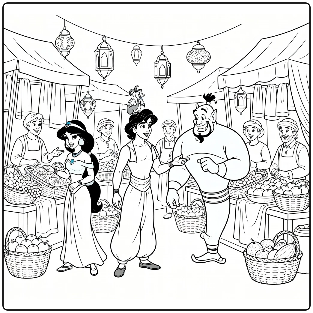 Aladdin kleurplaat: vrienden op markt met fruit en lantaarns