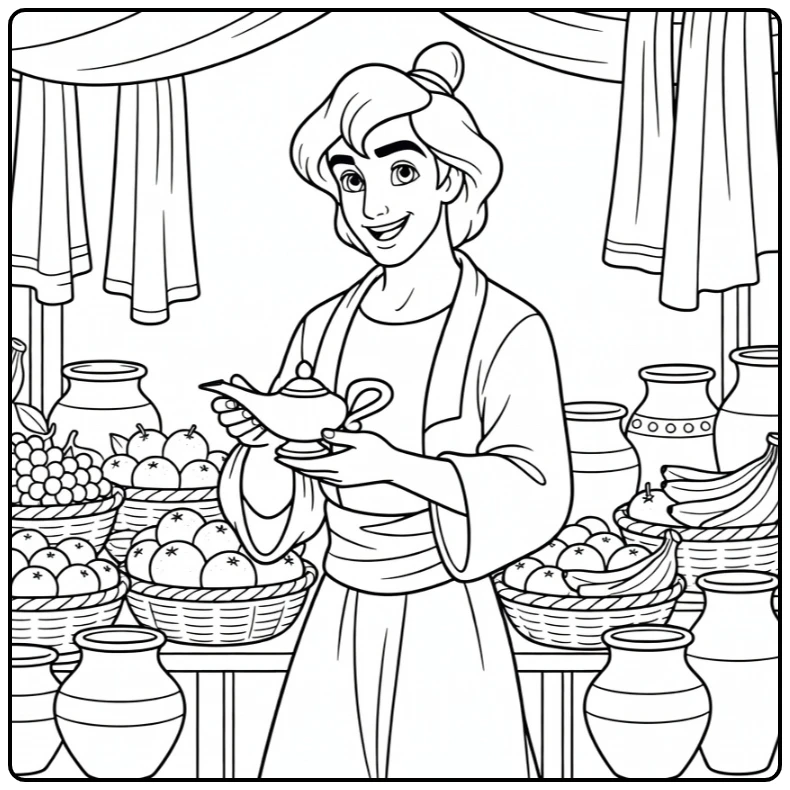 Aladdin kleurplaat bij marktkraam met lamp en fruit