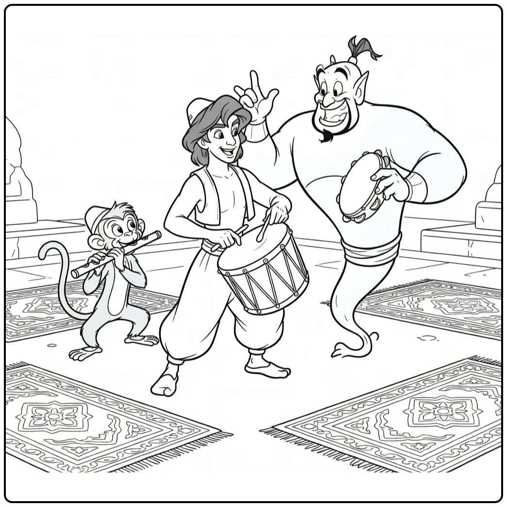 Aladdin kleurplaat: Aladdin, aapje en Genie spelen muziek