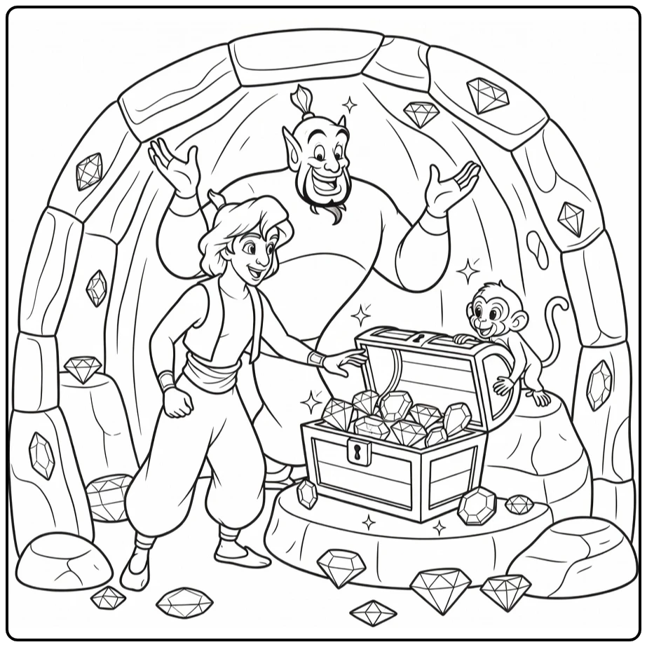 Aladdin kleurplaat: Aladdin, Genie en aapje bij schatkist in grot