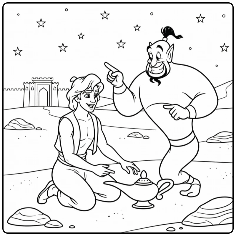 aladdin kleurplaat: aladdin knielt bij lamp, genie wijst paleis