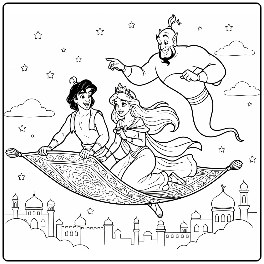 Aladdin kleurplaat: vliegen op tapijt met prinses & genie