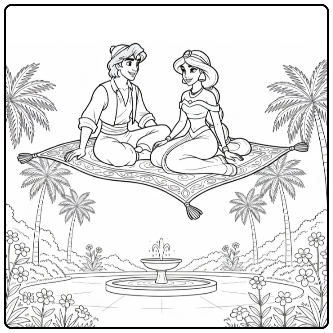 Aladdin kleurplaat: Aladdin en prinses op vliegend tapijt boven tuin